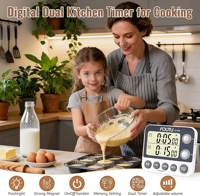 Digital Dual Kitchen Timer with Magnetic Back & Memory Presets, 2 Groups Countdown/Up Stopwatch Timer, 3-Level Volume + LED Alert, On/Off, 100Hr Max for Cooking, Baking (Battery Included)