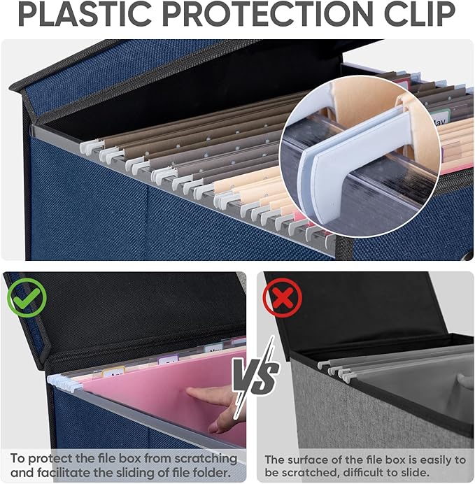 BALEINE File Organizer Box with Lid, Collapsible File Folder Organizer with Plastic Slide, Hanging File Folder Box for Office Document Storage (Tab Friendly, 1 Pack, Blue)