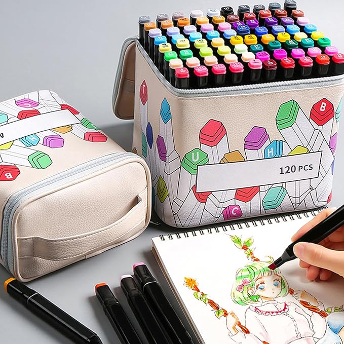 Sorandy Marker Case 120 Storage Holders, PU Leather Art Pen Organizer with Large Opening and Carry Handle for Markers Pencils Lipstick Mascara Travel