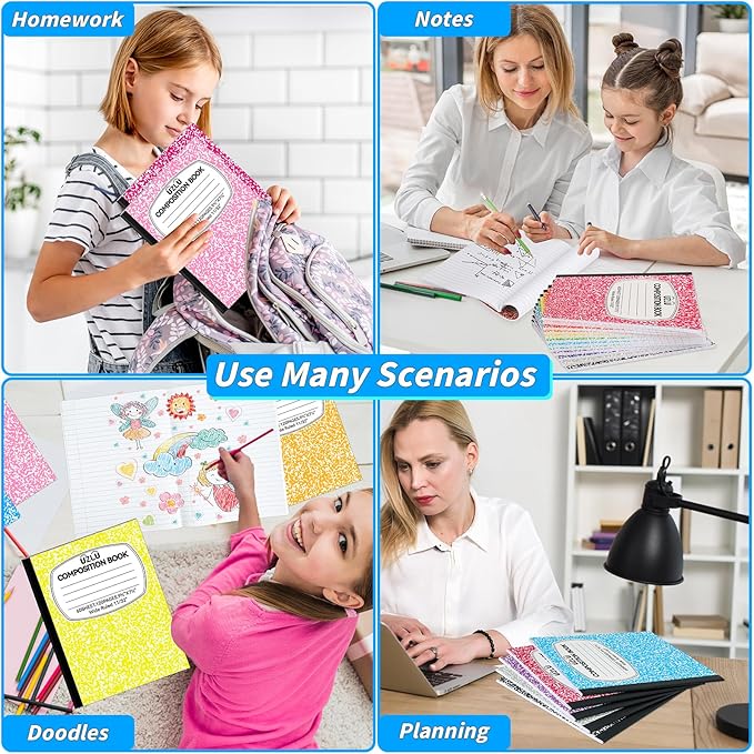 24 Pack Large Composition Notebooks Bulk 9.75 x 7.5 in Wide Ruled Composition Books 12 Color Assorted Marble Journal Notebook 60 Sheets per Book for Aldult Student College Office Back to School Supplies