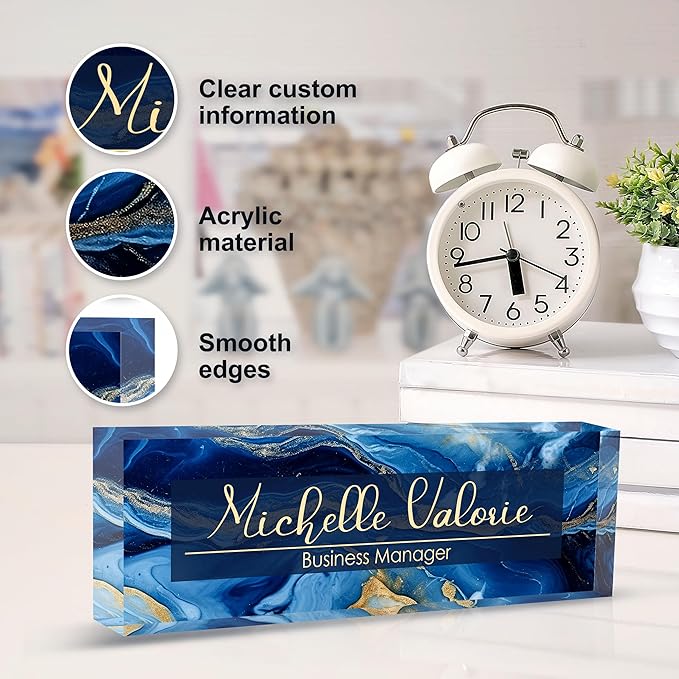 Custom Personalized Acrylic Name Plate Office Desk Accessories (A-Blue Gold)