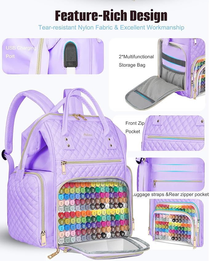 Marker Organizer Case Bag, Large Markers Storage Backpack with USB Port for Artists, Illustrators, Creatives, Pen Travel Holder Case Bag for Art Creativity Craft Supply, Purple