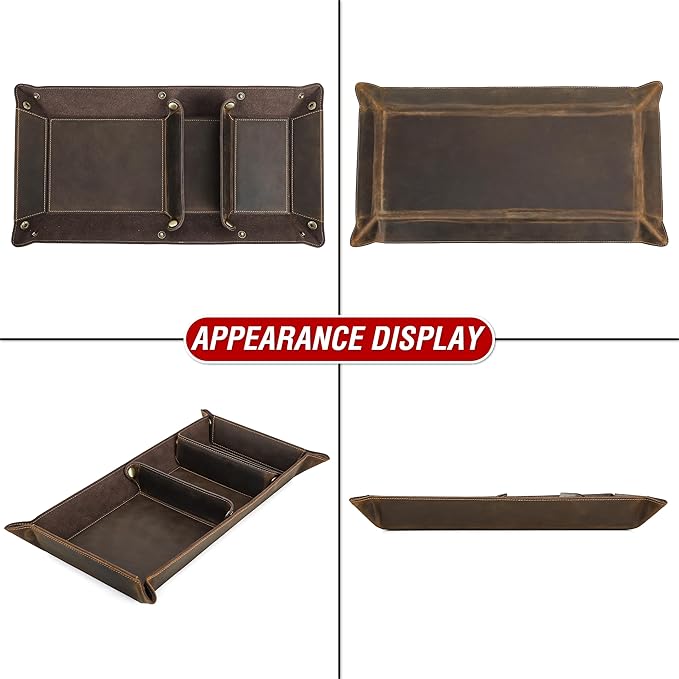 Top Grain Leather Desk Valet Tray Organizer for Man & Woman, Vintage Handmade, Foldable Flat Basket & 3 Compartments, Desk Catchall Holder for Wallet/Watches/Keys/Coins/Office Supplies, Coffee, Update