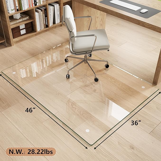 Tempered Glass Chair Mat for Carpet & Hard Floor, 36"x46" Office Chair Mat - Heavy Duty & Scratch Resistant, Non-Slip Pads, Rounded Corners & Polished Edges
