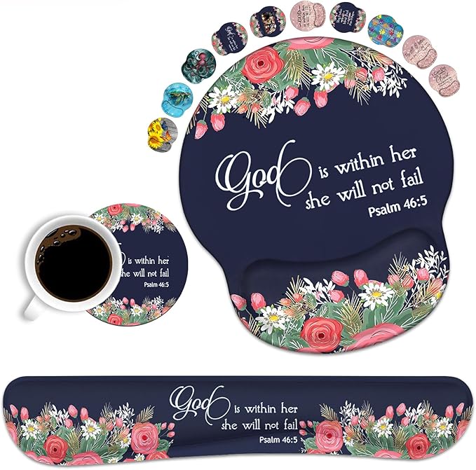 Keyboard Wrist Rest and Mouse Pad Wrist Rest Support Set, Non-Slip PU Base for Gaming and Office, Comfortable & Lightweight for Easy Typing & Pain Relief, Floral Quote Bible Verses Psalm 46:5