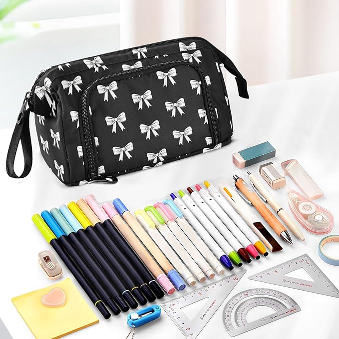 Ribbon Bow Black Pencil Case Pouch Big Capacity Pencil Bag Box Organizer Pen Case with Zipper Pencil Boxes for Girls Boys Women School College Office