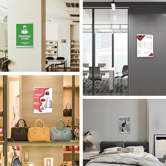Acrylic Magnetic Sign Holder, Easy-Opening 11 x 17 Wall Mount Display Frames, Self Adhesive Back Plastic Clear Document Frame, Silver Aluminium Strips Frame (11 x 17, 12Pack)