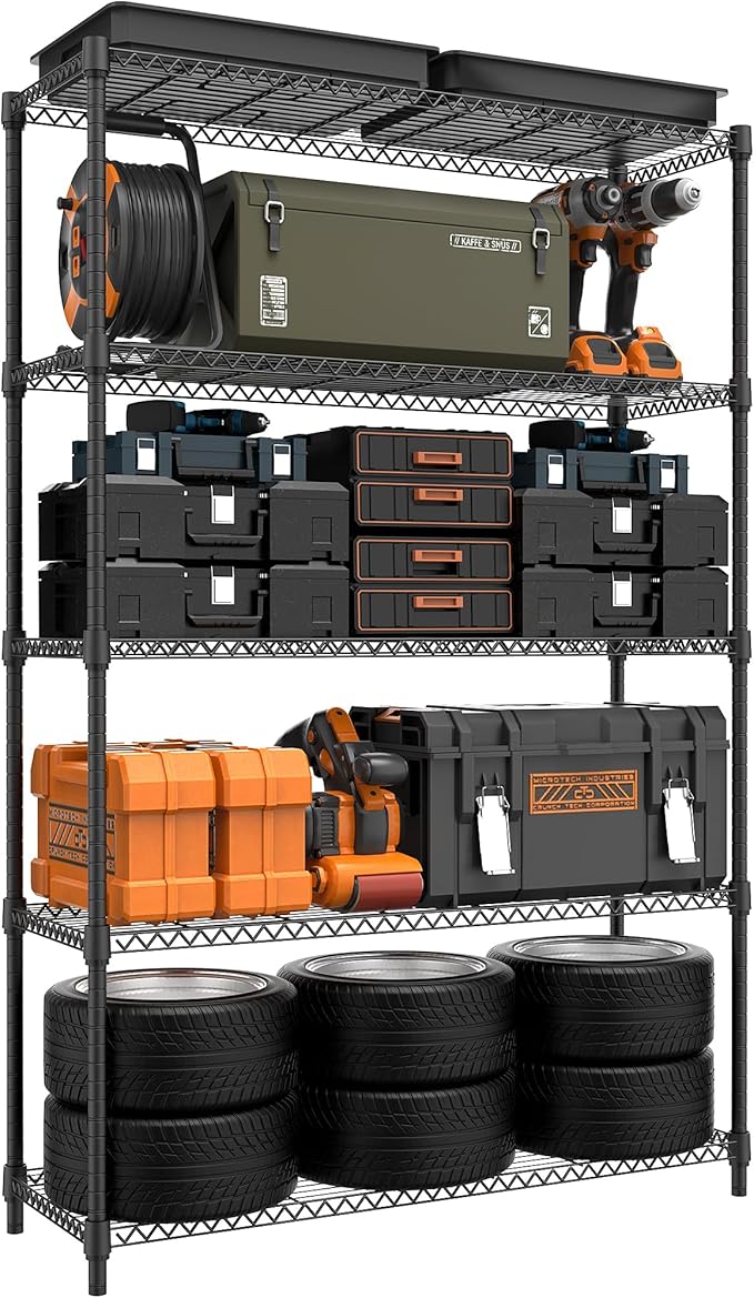 5 Tiers Shelf Metal Storage Shelves Standing 1750 LBs Household Shelf Organizer for Kitchen Pantry Closet Garage Basement Utility Room, Black15.7 D x 45.3" W x 70.4" H