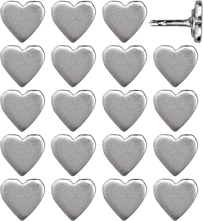 Mini Silver Heart Push Pins - Mini Silver Metal Heart Map Pins - for Cork Board, Maps, or Lapel Pin Use - Designed in USA - Set of 20