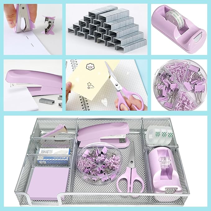 Purple Office Desk Accessories,Purple Office Supplies Set,Stapler and Tape Dispenser Set,Tape,Staple Remover, Staples,Paper Clips,Scissor,Sticky Note and Desk Drawer Organizer