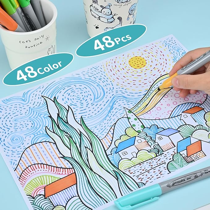 Affisure Permanent Markers, Ultra Fine Point Markers Set,48 Assorted Colors Work on Wood, Plastic, Paper, Metal, Stone, Glass for the Artist、Kids、Adult, 48 Count