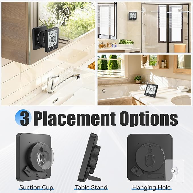 Baldr Shower Clock Waterproof Bathroom Clock with Timer/Temperature/Humidity, Digital Timers for Kids and Adults, Bath Kitchen Study, Black