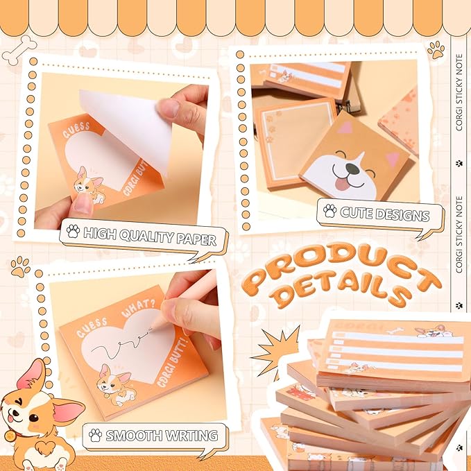 9 Pads Corgi Sticky Notes 3x3 Inch Cute Self Stick Notepads Notes Adhesive Memo Pad Office Decor Gifts for Students School Teacher Meeting Office Supplies