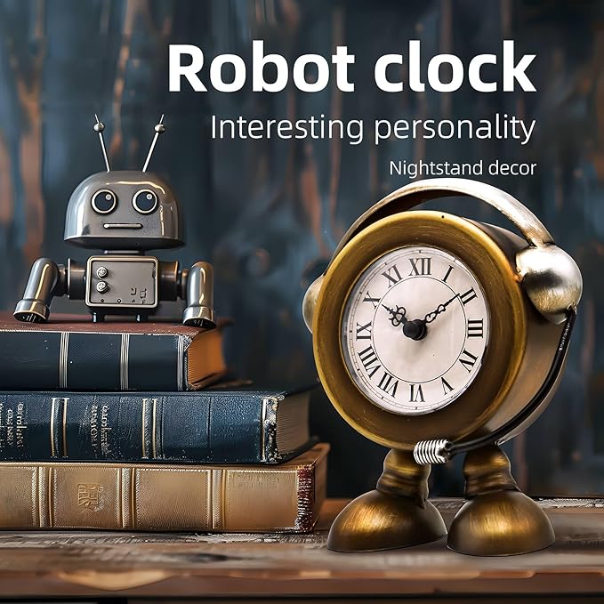 YOUKI Vintage Robot Table Clock on Stand, Decorative Desk and Shelf Clock, Rustic Mantel Farmhouse Silent Non-Ticking,Battery Operated Table Top for Living Room,Musical Gift,Metal