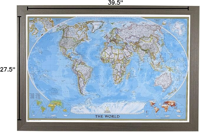 Push Pin Travel - Classic World, Barnwood Gray with 150 Pins for Tracking Your Travels - 27.5" x 39.5" - 8 Handcrafted Options - Made in USA - Ideal for Any Traveler