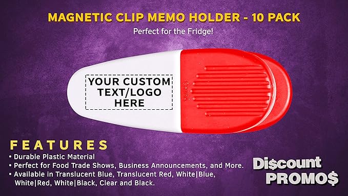 10 Magnetic Memo Holders Set - Customizable Text, Logo - Large Clip, Plastic - White Red