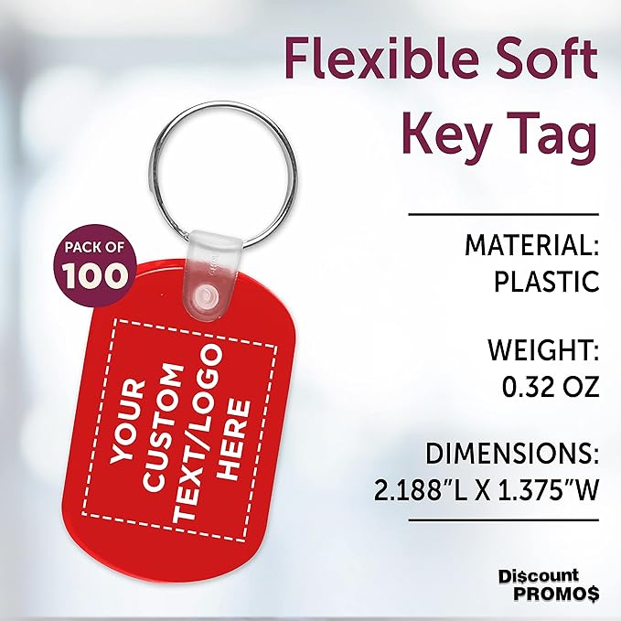 DISCOUNT PROMOS Tag Soft Plastic Keychains - 100 pack - Customizable Text, Logo - Small Key Tag Chain For Staying Organized - Rubber Key Ring Keychain – Red