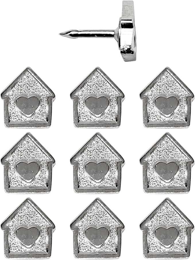 Mini House Push Pins - Silver House Pins - for Cork Board, Maps, or Lapel Pin Use - Designed in USA - Set of 10