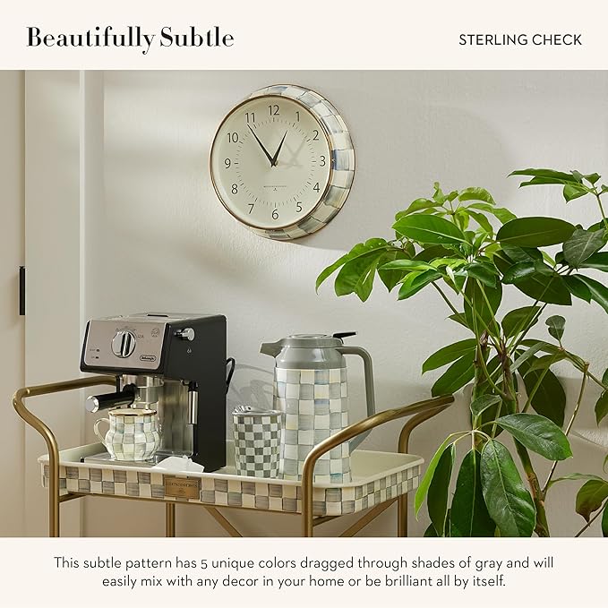 MACKENZIE-CHILDS Desk Clock, Decorative Living Room, Bedroom, or Office Desk Clock, Gray-and-White Sterling Check