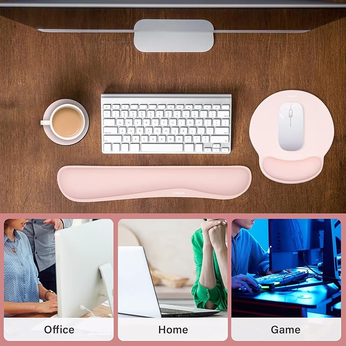 MOSISO Wrist Rest Support for Mouse Pad&Keyboard Set, Streamline Ergonomic Mousepad&Coaster Non-Slip Base Home/Office Pain Relief&Easy Typing Pad with Soft Cloth&Silicone Lining, Chalk Pink