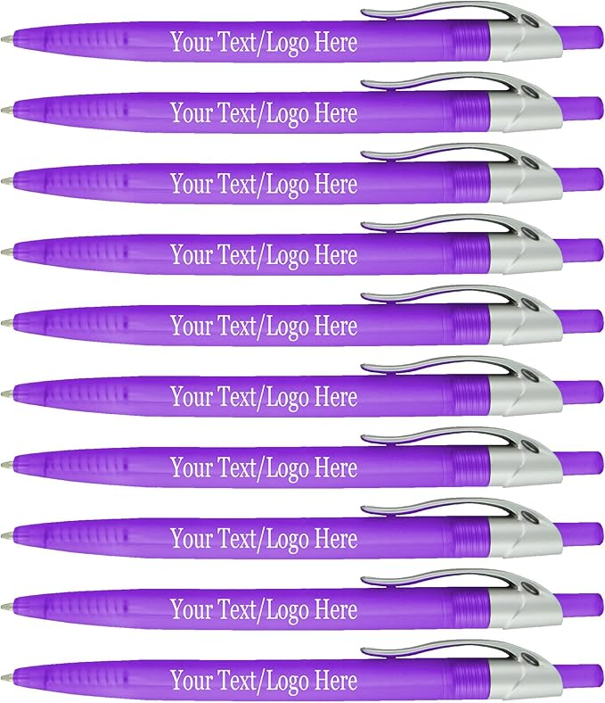 SyPen Personalized Pens With your Custom Logo or Text-500 Pack Bulk-for Businesses, Parties, and Events, Custom Printed Ballpoint Click Pens, Translucent Barrel, Purple Pen, Black Ink