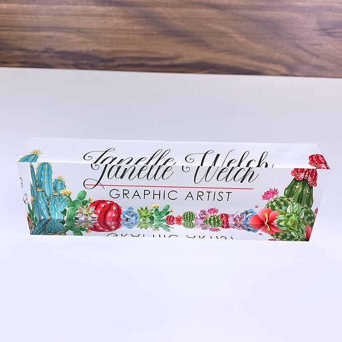 Artblox Office Desk Name Plate Personalized | Custom Name Plates for Desks | Cactus Design On Clear Acrylic Glass | Cute Office Desk Accessories Customized Gifts - (8" x 2.5")