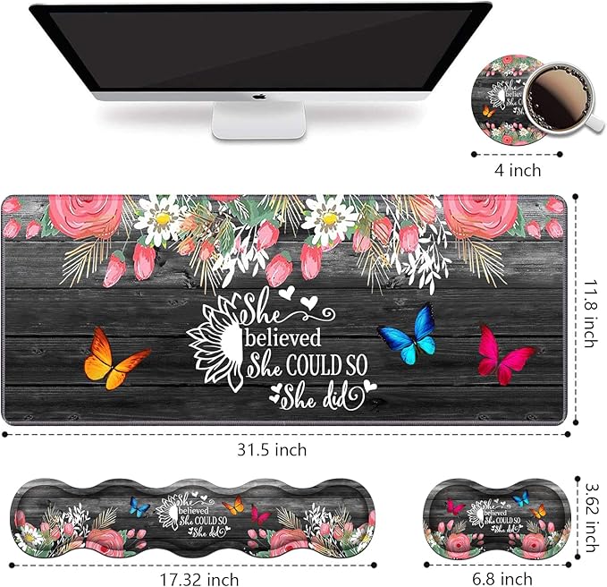 Ergonomic Keyboard Wrist Rest and Mouse Pad Wrist Rest Set, Large XXL Gaming Desk Mat 31.5"x 11.8",Non-Slip Base, Memory Foam,Easy Typing Pain Relief, Floral Quote She Believed She Could So She Did