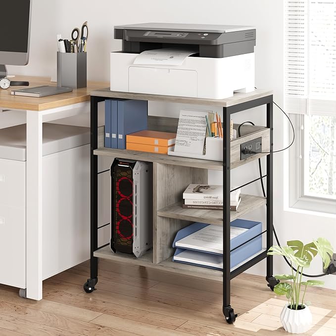 GarveeLife Printer Stand with Power Outlets, 4-Tier Rolling Printer Table with Lockable Wheels, Heavy Duty Printer Cart with Storage, Utility Storage Cart for Home, Office, Gray