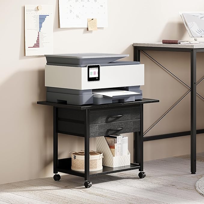 Large Printer Stand with Storage Fabric Drawer Under Desk Printer Table with Wheels for Home Office, Printer Cart fit Fax Machine Scanner 23.4"x15.7" (Black, 2 Tiers)