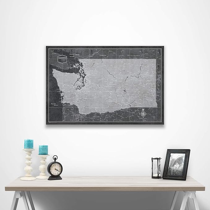 Conquest Maps Push Pin Washington Map Board - With Push Pins to Mark Washington Travels - Handmade in Ohio, USA - Design: Modern Slate