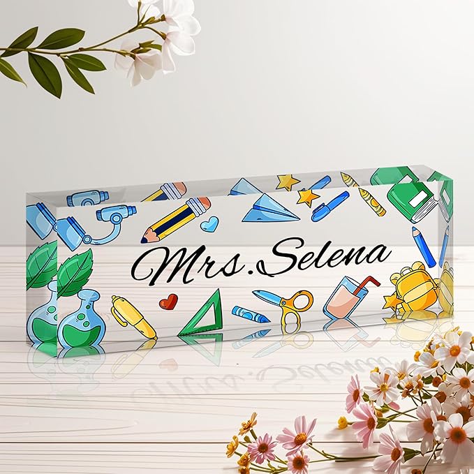 Personalized Name Plate for Desk, Custom Acrylic Desk Name Sign, Office Appreciation Gifts for Women Men Coworkers Boss Teacher Employee (Teacher)