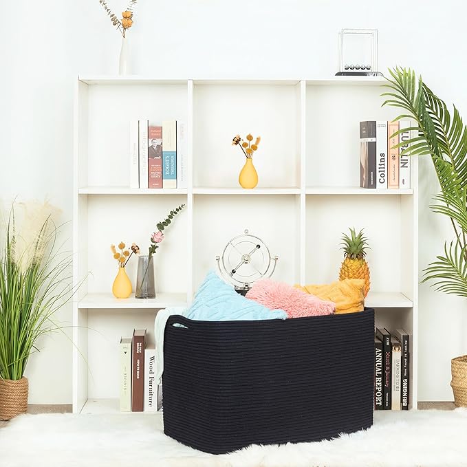 MINTWOOD Design 112L Extra Large Blanket Basket Holder Living Room, 25"x17"x16" Rectangle Rope Woven Storage Basket with Handles for Laundry, Pool Towels, Shoes, Dog Toy Organizer Bin Box, Black