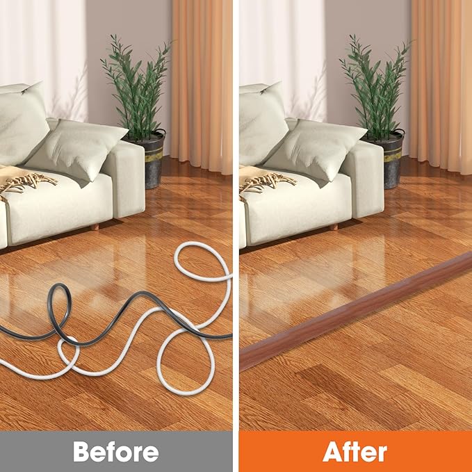 10 FT Floor Cord Cover, Cord Covers for Wires on Floor, Cord Protector, Floor Cable Cover, Hide Extension Cord Covers for Floor, Cable Cavity: 0.47" (W) x 0.29" (H) - Brown