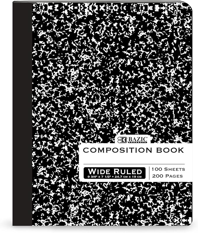 BAZIC Products Composition Notebook Wide Ruled - 100 Sheets, Black Marble Composition Notebook with Durable Cover, Non-Spiral for Journaling, School, Home, or Office, 48-Packs