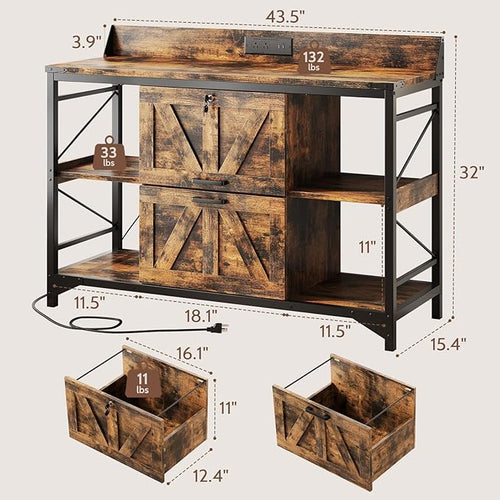 44" File Cabinet, Lateral Filing Cabinet for Home Office with 2 Drawers, Office Storage Cabinet with Lock and Key, Wooden Printer Stand with 4 Storage Shelves, Power Outlets, Bookshelf, Rustic Brown