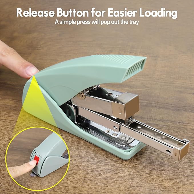 AFMAT Effortless Stapler for Desk, 50 Sheet Capacity, Low Force, Built-in Staple Remover, One Finger Touch Stapling Desktop Stapler, Portable & Space Save Size, Good for Home & Office ES10(Green)