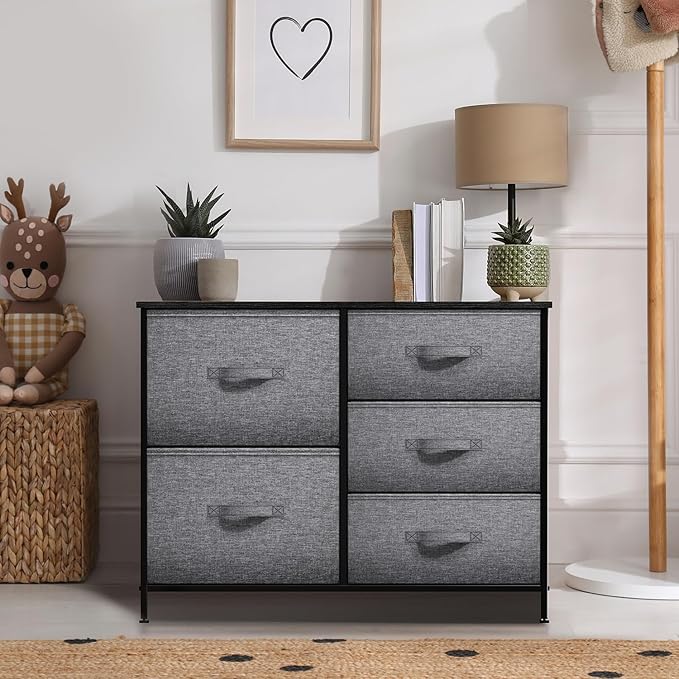 Sorbus Dresser with 5 Drawers - Chest Organizer Unit with Steel Frame Wood Top & Handle Easy Pull Fabric Bins for Clothes - Storage Furniture for Bedroom, Hallway, Living Room, Nursery & Closet