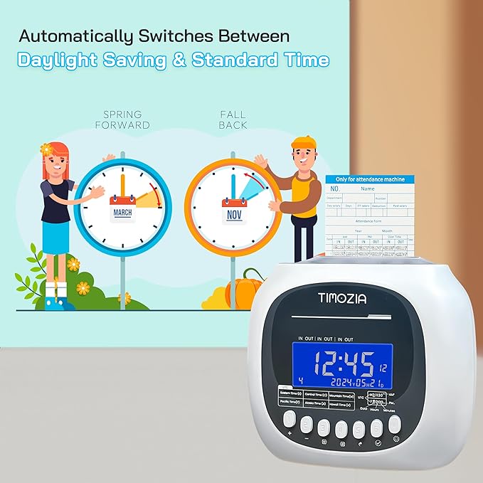 Time Clock for Employees Small Business, 6 U.S. Time Zones, Automatic Daylight Saving & Auto Time Update, Punch Card Time Recorder with 6 Punches Per Day-100 Time Cards, 2 Ribbons, 1 Card Rack