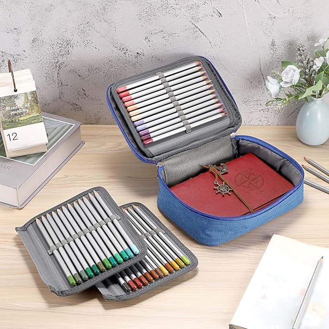 BTSKY® High Capacity Zipper Pens Pencil Case- Multi-Functional Stationery Pencil Pouch 72 Slots Colored Pencil Case Portable Pencil Bags With 2 Removable Sleeves(Blue)