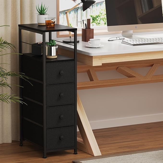 YBING Narrow Dresser for Bedroom, Slim Chest Organizer Nightstand, 4 Fabric Drawers with Wood Shelf, Side Tables for Small Spaces, Black