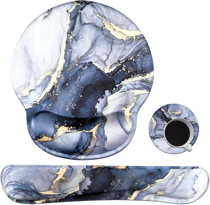 iLeadon Mouse Pad with Wrist Support Keyboard Wrist Rest Set, Ergonomic Mouse Pad with Non-Slip Base for Computer Home Office + Coasters, Easy Typing & Pain Relief Mouse Mat, Dark Blue Marble