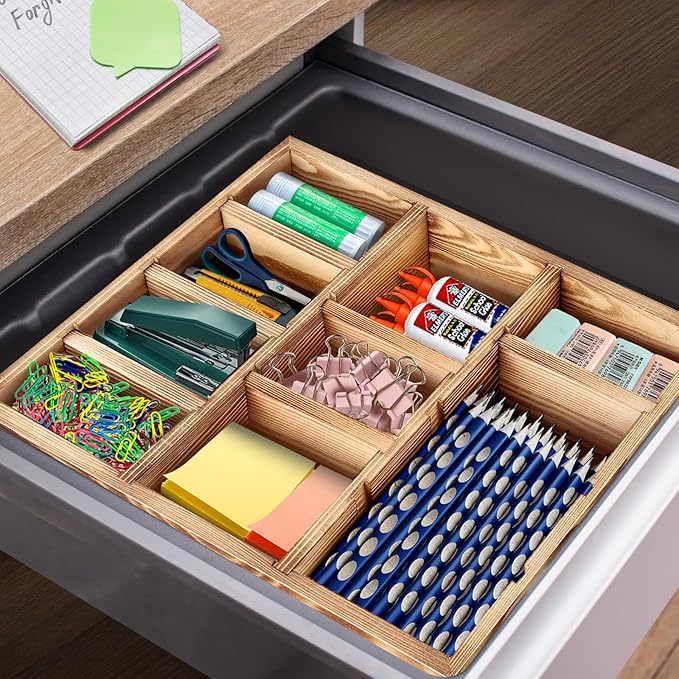 Desk Drawer Organizer Tray with 9 Adjustable Compartments, Wooden Office Desk Accessories Supplies Organization Storage for Desktop Bathroom Vanity Makeup 12" x 9" (Brown)