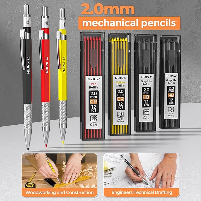 Nicpro 36PCS CP3000 Mechanical Carpenter Pencil Set with Sharpener & Sheath, Lead Refills, Long Nib Marker, Center Punch, Carbide Scribe Tools, Heavy Duty Construction Pencil for Architect Woodworking