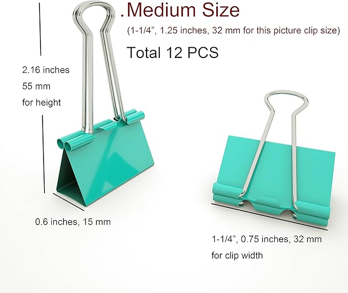 Nctinystore Binder Clips Medium Metal Clamp 1.25 inch / 32 mm (Light-Green, 12-PCS)