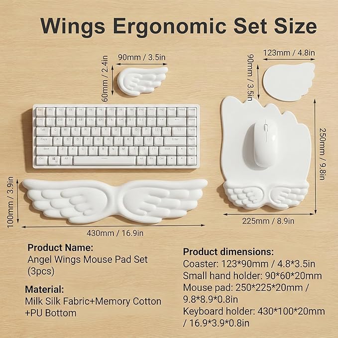 Angel Wing Keyboard Wrist Rest Set, 3 Piece Cloud Wrist Rest for Computer Keyboard with Mouse Wrist Rest and Coaster, PU Leather Memory Foam Wrist Support for Office, Home and Gaming (Blue-A)