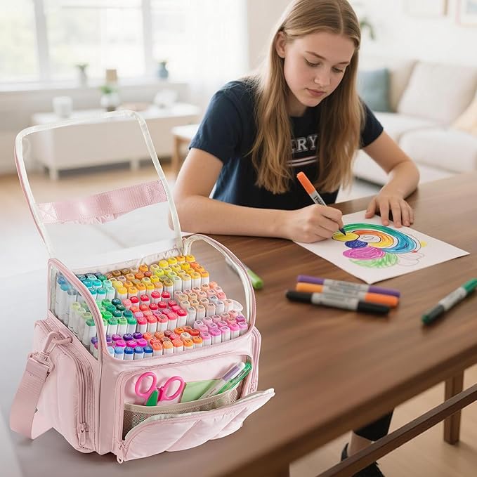 Puffy Marker Organizer Case for 210 Markers, Large Marker Storage Bag with Shoulder Strap for Adults, Artists, Teachers, Coloring Enthusiasts, Marker Holder Organizer, Pink (Patented Design)