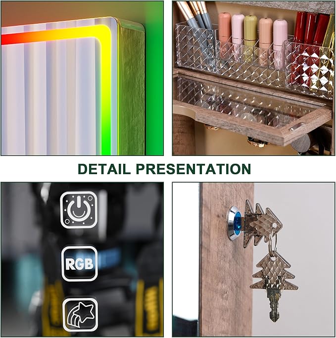 HNEBC LED Mirror Jewelry Cabinet with RGB Lights,47.2" Wall Mounted Jewelry Organizer with Full-Length Mirror,Over The Door Hanging Jewelry Armoire Storage Cabinet,Folding Dresser,2 Drawers,Lockable