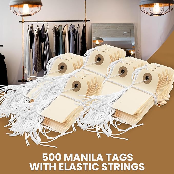 Perco Manila Shipping Tags with Elastic Strings — Small Durable Blank Paper Tags 2¾″ x 1⅜″ — Ideal for Labeling and Inventory Use — Box of 500