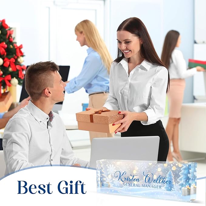 Custom Desk Name Plate Personalized, Acrylic Name Plates for Desk, Office Decor Personalized Gifts for Teacher Coworkers Boss Nurse Blue Christmas Tree