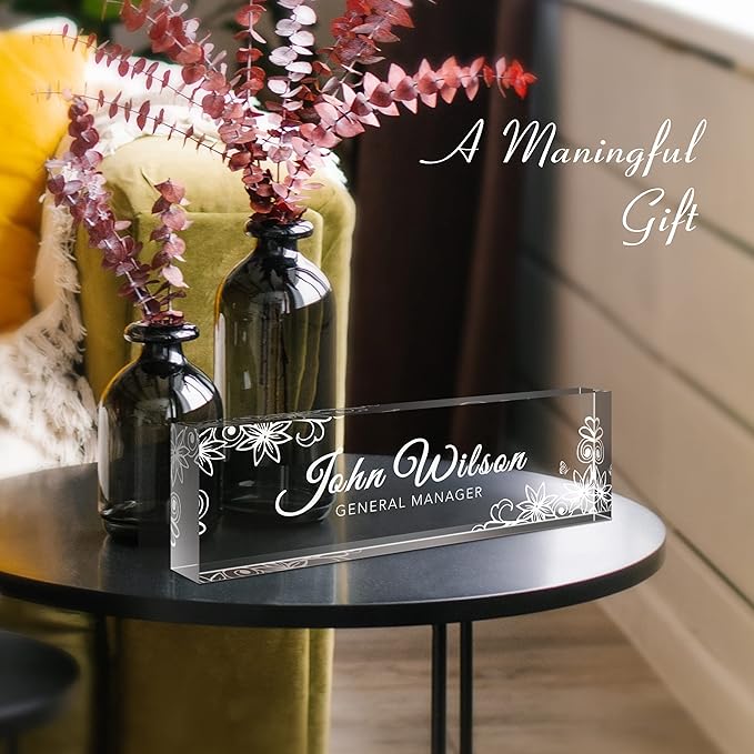Personalized Desk Name Plate, Custom Acrylic Glass Name Plates for Desks, Office Desk Decor Nameplate, Desk Accessories, Teacher Boss Coworkers Employee Appreciation Gift (Engraved Flower 3)